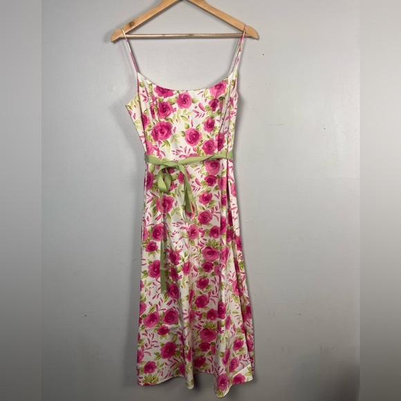 Coldwater creek white and pink rose printed midi length tie dress size 12 P - Picture 1 of 7